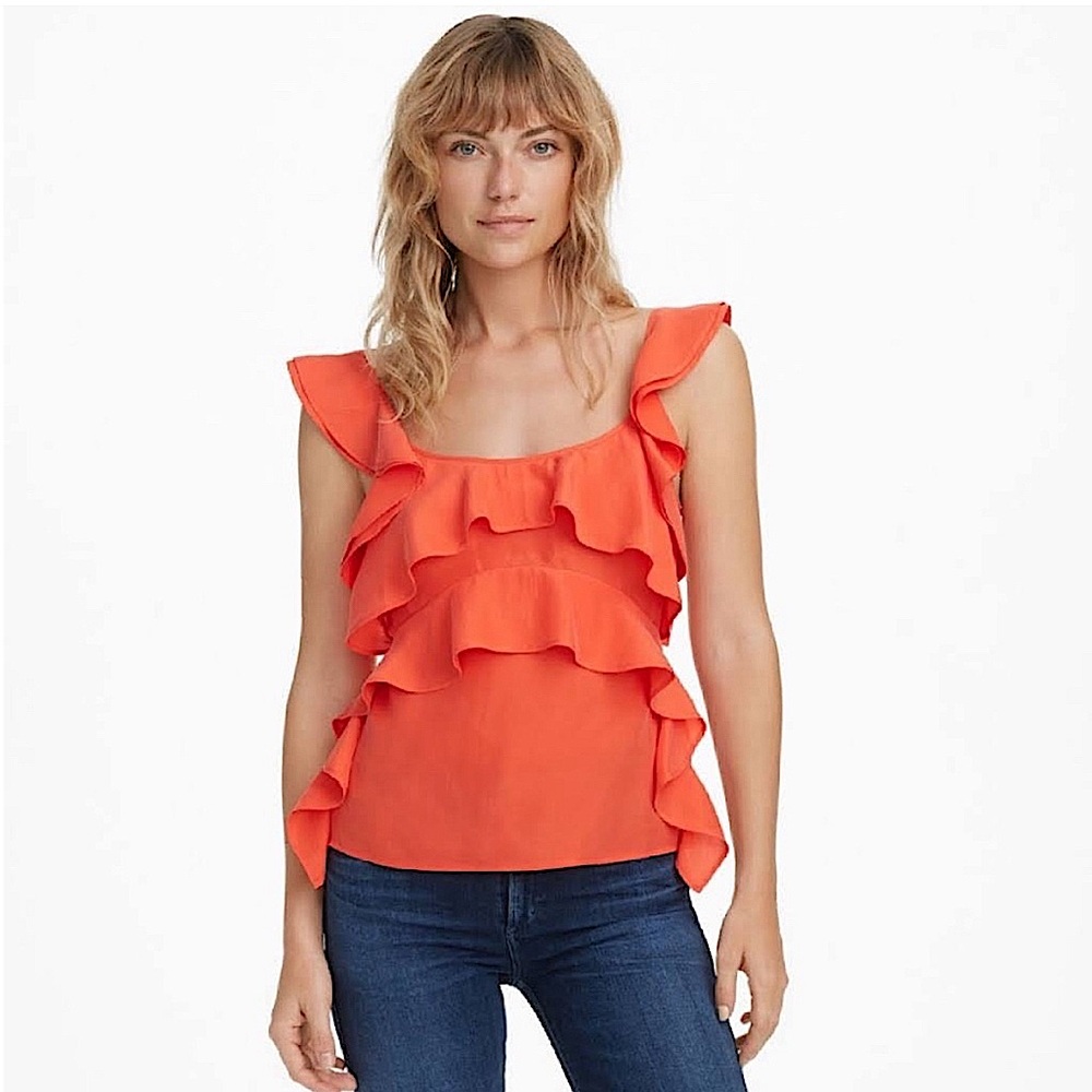 CLUB MONACO ROWLEN TOP SILK SLEEVELESS TANK BLOUSE RUFFLE TIE-BACK ORANGE RED XS